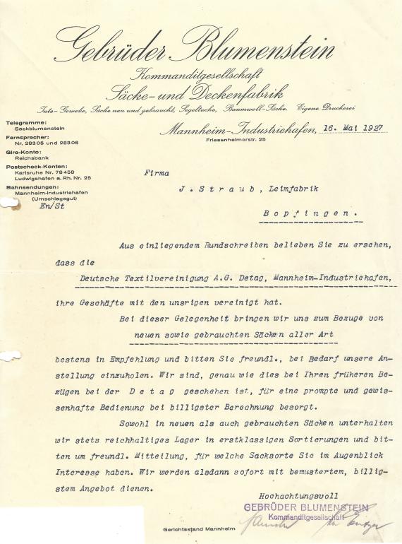 Business letter of the " Säcke- und Deckenfabrik Gebrüder Blumenstein " in Mannheim - Industriehafen, - sent on May 16, 1927