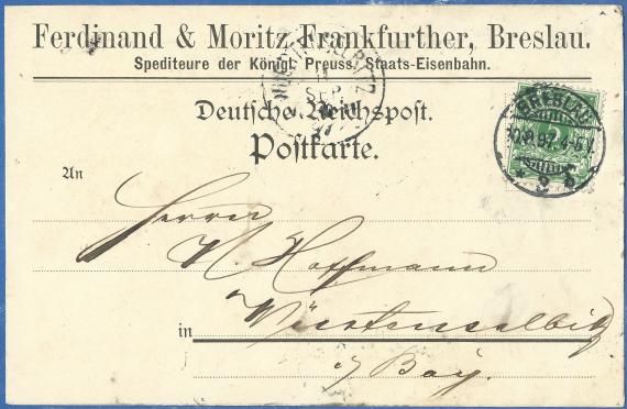 Business postcard from " Ferdinand & Moritz Frankfurther " in Breslau, " Forwarders of the Royal Prussian State Railroad ", - mailed on September 10, 1987