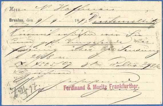 Business postcard from " Ferdinand & Moritz Frankfurther " in Breslau, " Forwarders of the Royal Prussian State Railroad ", - mailed September 10, 1987 - back of card