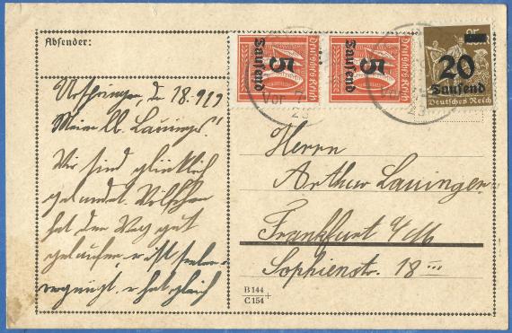 Postkarte - Arthur Lauinger Postkarte privater Art an Herrn Arthur Lauinger in Frankfurt am Main, Sophienstaße 18 - versandt am 19. September 1923