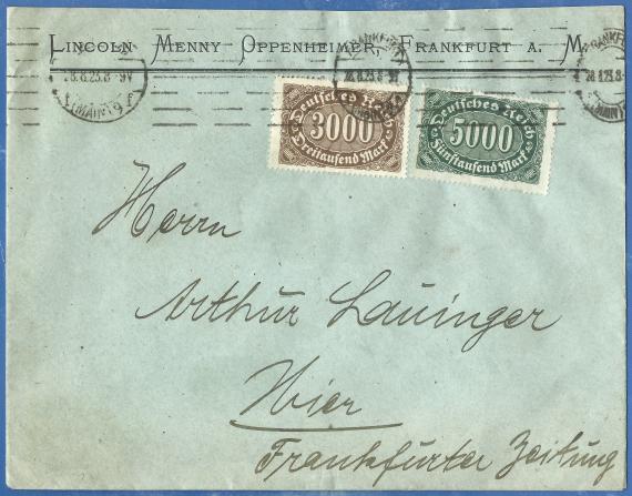 Envelope addressed to Mr. Arthur Lauinger In Frankfurt, Frankfurter Zeitung, - mailed on August 28, 1923