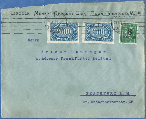 Briefumschlag " Linoln Menny Oppenheimer " , Frankfurt a. M. - versandt am 29. August 1923 an Herrn Arthur Lauinger, p. Adresse Frankfurter Zeitung in Frankfurt am Main 