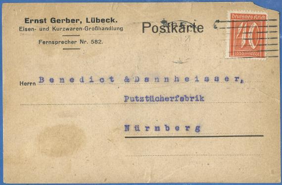 Postkarte geschäftlicher Art an " Benedict & Dannheisser, Putztücherfabrik " in Nürnberg - versandt am 22. November 1921