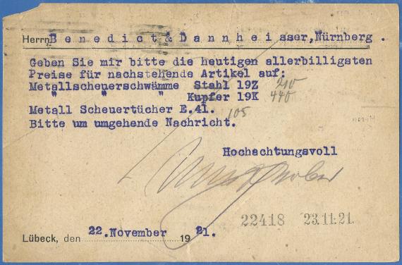 Postkarte geschäftlicher Art an " Benedict & Dannheisser, Putztücherfabrik " in Nürnberg - versandt am 22. November 1921 - Kartenrückseite