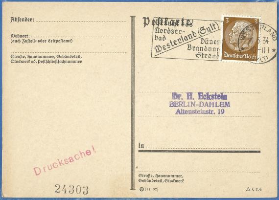 Postkarte - Dr. Hugo Eckstein Postkarte an Herrn Dr. Hugo Eckstein, Berlin - Dahlem, Altensteinstraße 19 - versandt am 20. Mai 1934