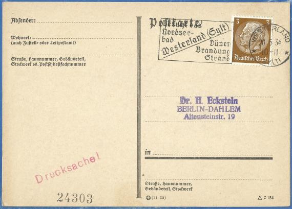 Postcard to Dr. Hugo Eckstein, Berlin - Dahlem, Altensteinstraße 19 - mailed May 20, 1934