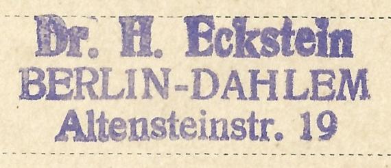 Postkarte - Dr. H. Eckstein Postkarte an Herrn Dr. Hugo Eckstein, Berlin - Dahlem, Altensteinstraße 19 - versandt am 20. Mai 1934 - Ausschnittvergrößerung Adressenstempel