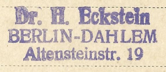 Postcard to Dr. Hugo Eckstein, Berlin - Dahlem, Altensteinstraße 19 - mailed May 20, 1934 - detail enlargement of address stamp