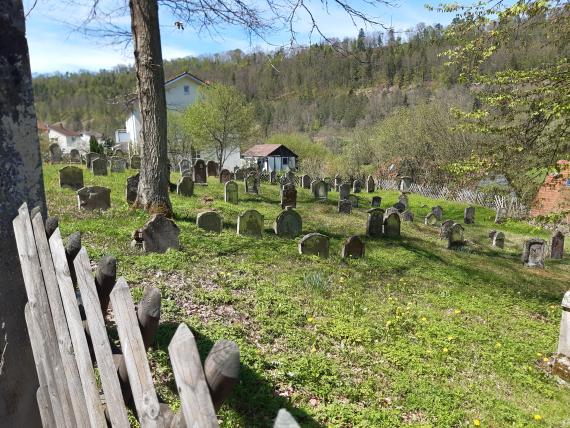 Blick über den Friedhof. Die Grabsteine mit den Inschriften sind erkennbar. Vorne links Teil des Jägerzauns, im Hintergrund das Neckartal.