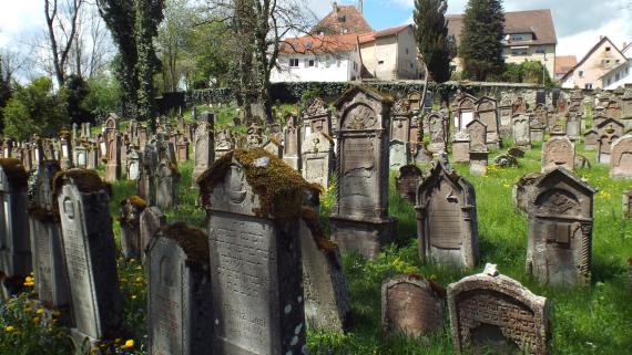  Die Rückseiten von über 100 Grabsteinen sind sichtbar. Im Hintergrund ist die Friedhofsmauer und das Eyachtal.