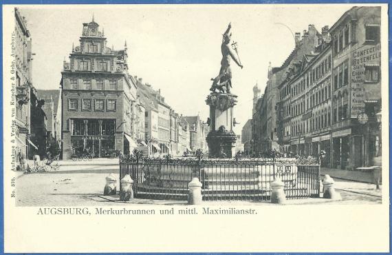 Alte Ansichtskarte Augsburg - Merkurbrunnen und mittlere Maximilianstraße mit dem " Bekleidungsgeschäft Rosenfelder " aus der Zeit um 1900-1905