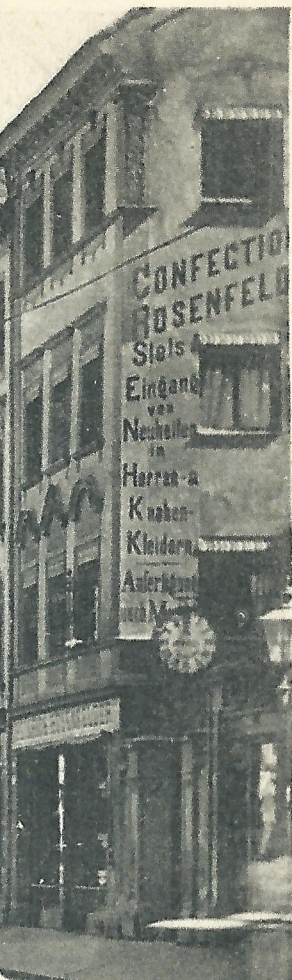 Alte Ansichtskarte Augsburg - Merkurbrunnen und mittlere Maximilianstraße mit dem " Bekleidungsgeschäft Rosenfelder " aus der Zeit um 1900-1905 - Ausschnittvergrößerung Bekleidungsgeschäft Rosenberger mit Fassadenwerbung