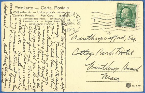 Old postcard Berlin - A.Wertheim, Leipzigerstraße, - stationery store, shipped in Worcester,Mass. in the USA on July 10, 1910 - back of card