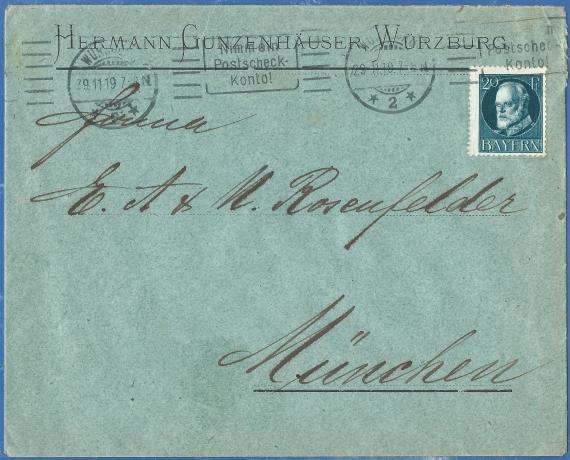 Envelope from Hermann Gunzenhäuser in Würzburg, - mailed to E.,A. & N. Rosenfelder in Munich on November 29, 1919