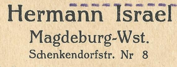 Geschäftspostkarte der  " Säcke -, Planen - und Deckenfabrik Hermann Israel " in Magdeburg - West, Schenkendorfstraße 8, - versandt am 4. Juli 1923 - Ausschnittvergrößerung Firmenadresse