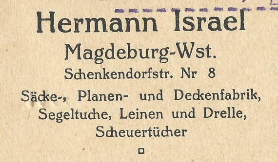 Geschäftspostkarte der  " Säcke -, Planen - und Deckenfabrik Hermann Israel " in Magdeburg - West, Schenkendorfstraße 8, - versandt am 4. Juli 1923 - Ausschnittvergrößerung Firmenadresse mit Produktenanzeige