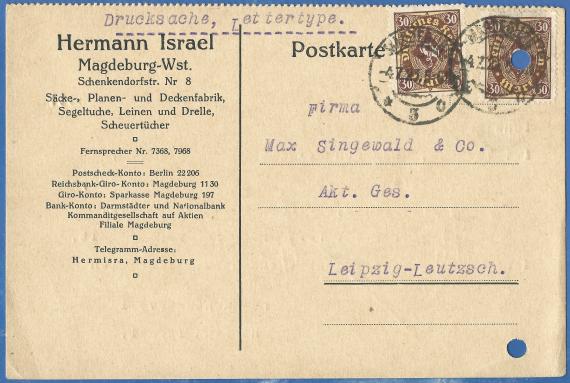 Business postcard of the " Säcke -, Planen - und Deckenfabrik Hermann Israel " in Magdeburg - West, Schenkendorfstraße 8, - mailed on July 4, 1923