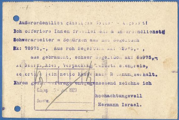 Business postcard of the " Säcke -, Planen - und Deckenfabrik Hermann Israel " in Magdeburg - West, Schenkendorfstraße 8, - mailed on July 4, 1923 - back of card