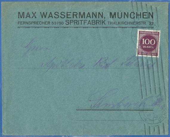 Geschäftsbriefumschlag der " Spritfabrik Max Wassermann " in München, Thalkirchnerstraße 32, - versandt am 1. Oktober 1923 