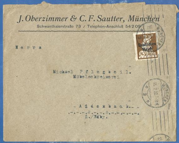 Business envelope of the " Leim-, Lack-, Öl- und Fettgroßhandlung J.Oberzimmer & C.F.Sautter " in Munich, Schwanthalerstraße 73, - mailed on July 15, 1920