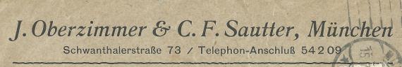 Geschäftsbrief der " Leim-, Lack-, Öl- und Fettgroßhandlung J.Oberzimmer & C.F.Sautter " in München, Schwanthalerstraße 73, - versandt am 15. Juli 1920  - Ausschnittvergrößerung Firmenadresse