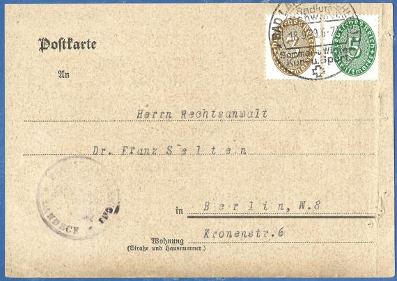 Postkarte geschäftlicher Art an Herrn Rechtsanwalt Dr. Franz Selten, - versandt am 18. September 1929