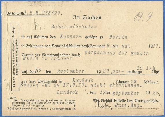 Postkarte geschäftlicher Art an Herrn Rechtsanwalt Dr. Franz Selten, - versandt am 18. September 1929 - Kartenrückseite