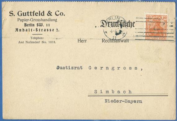 Business postcard of the paper wholesaler S. Guttfeld & Co in Berlin SW 11, Anhaltstraße 7, - mailed on April 25, 1919