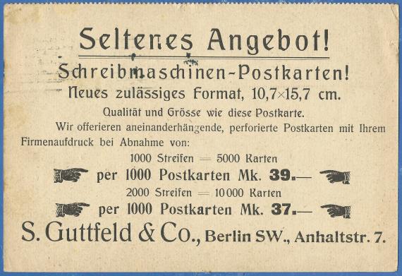 Business postcard of the paper wholesaler S. Guttfeld & Co in Berlin SW 11, Anhaltstraße 7, - mailed on April 25, 1919 - back of card with company advertising