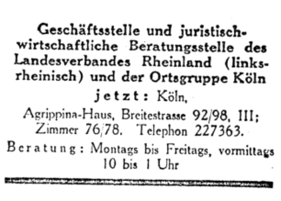 Anzeige des Central-Vereins deutscher Staatsbürger jüdischen Glauben für Rechtsberatung in Köln