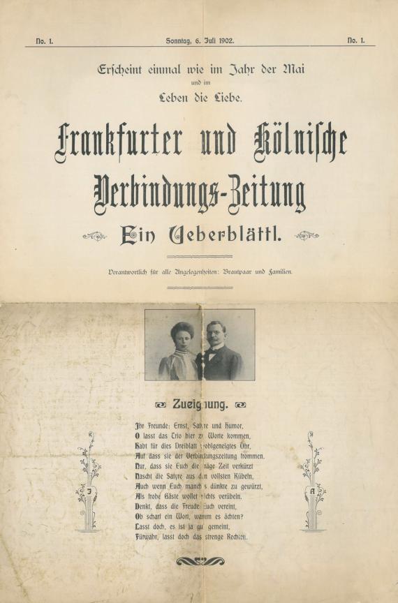 Erste Seite der "Frankfurter und Kölnische Verbindungszeitung" mit Schwarzweiß-Fotografie von Johanna und Adolf Löwenstein zur Verlobung, mit Gedicht ("Zuneigung"), 06.07.1902