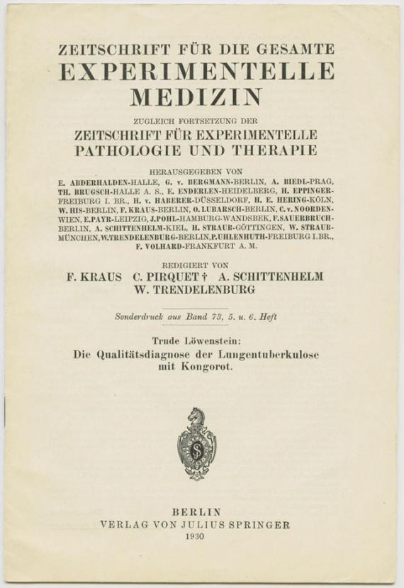 First page of an offprint of Trude Löwenstein's doctoral thesis in the "Zeitschrift für die gesamte experimentelle Medizin", published in 1930.