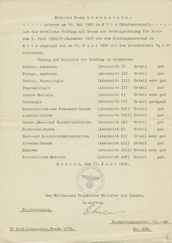 Certificate of Trude Löwenstein after successfully passing the medical examination in Cologne on 25.06.1931