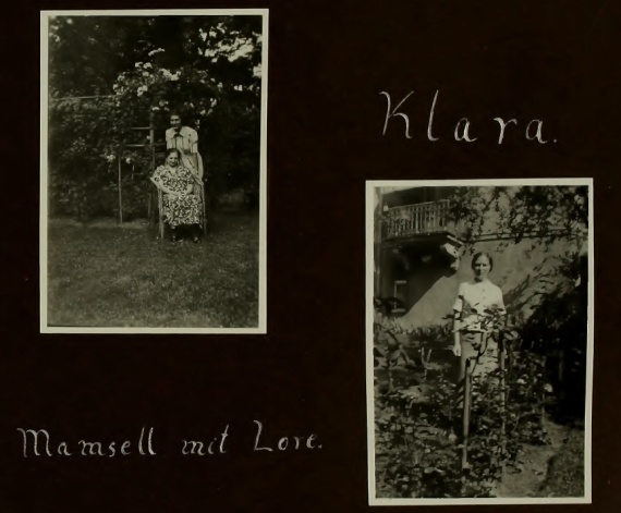 Two photos. The first shows two women named Mamsel and Lore next to bushes. One is sitting in a chair, the other is standing behind it. In the second, a woman named Klara is standing in the vegetable garden in front of a house.