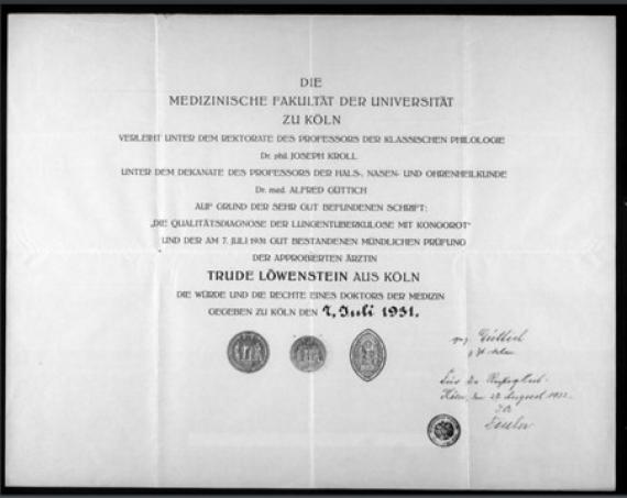 Certificate for the award of the doctorate of Trude Löwenstein on 07.07.1931.