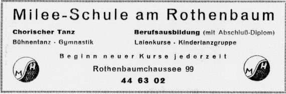 Advertisement of Erika Milee's dance school. On it the logo of the school: stylized yin-yang symbol, with an M and an H in the places of the circles. Headline: Milee-Schule am Rothenbaum.Below listed offers and address and contact data.