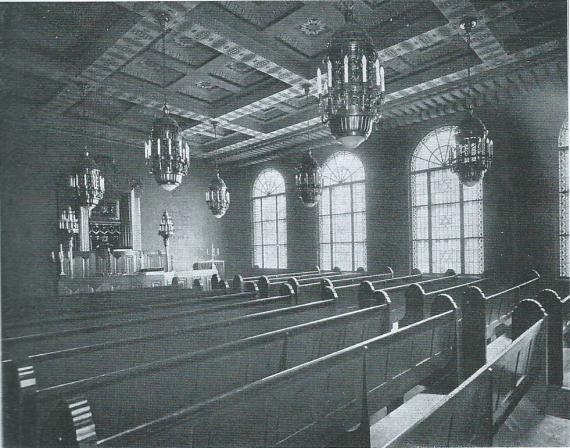 Black and white photograph of the former prayer room in the Jewish Orphanage