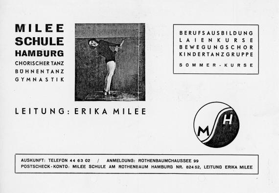 Advertisement of Erika Milee's dance school. On it the logo of the school: stylized yin-yang symbol, with an M and an H in the places of the circles. Milee School Hamburg. Direction: Erika Miliee Photo of a female ballerina standing on her toes and bending her upper body to the left. Top right listed offerings, bottom right the school's logo. Below, address and contact line.