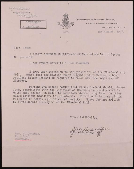 Letter from the Department of International Affairs to Ruth Lemchen.