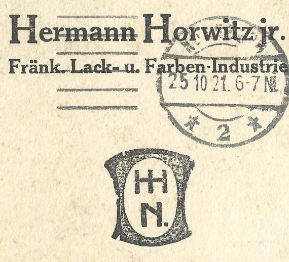 Geschäftspostkarte von Hermann Horwitz jr., Fränkische Lack - u. Farben - Industrie, Nürnberg 25, Hochstraße 12 - versandt am 25. Oktober 1921 - Ausschnittvergößerung Firmenname