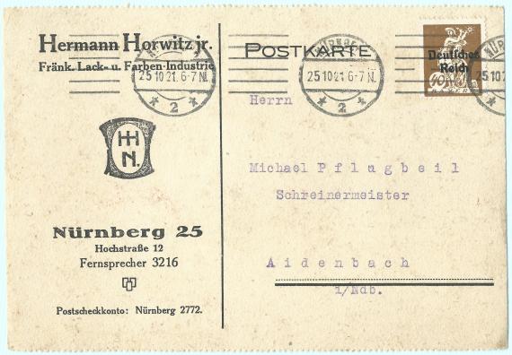 Business postcard from Hermann Horwitz jr., Fränkische Lack - u. Farben - Industrie, Nürnberg 25, Hochstraße 12 - mailed on October 25, 1921