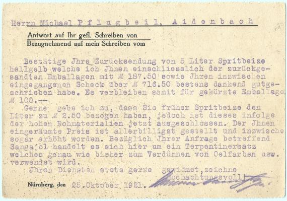 Geschäftspostkarte von Hermann Horwitz jr., Fränkische Lack - u. Farben - Industrie, Nürnberg 25, Hochstraße 12 - versandt am 25. Oktober 1921 - Kartenrückseite