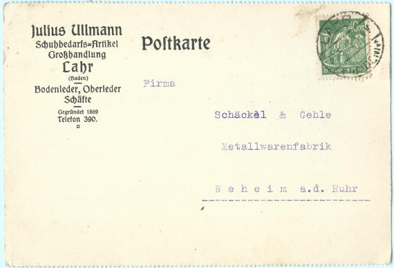 Business postcard from "Julius Ullmann, Schuhbedarfs-Artikel Grißhandlung,Bodemleder,Oberleder,Schäfte " in Lahr, - mailed May 30, 1923