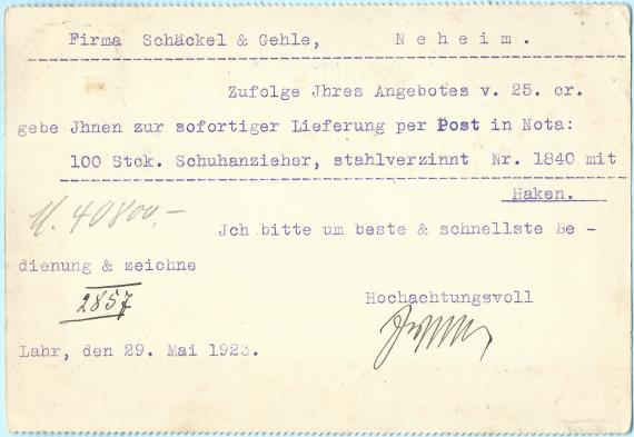 Business postcard from "Julius Ullmann, Schuhbedarfs-Artikel Grißhandlung,Bodemleder,Oberleder,Schäfte " in Lahr, - mailed May 30, 1923 - back of card