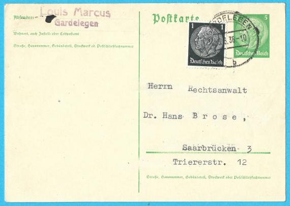 Postkarte - Louis Marcus Postkarte von Louis Marcus in Gardelegen, - versandt am 5. Juni 1936