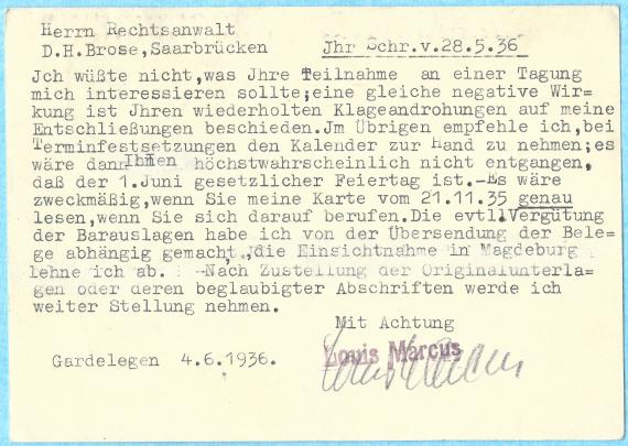 Postkarte - Louis Marcus Postkarte von Louis Marcus in Gardelegen, - versandt am 5. Juni 1936 - Kartenrückseite