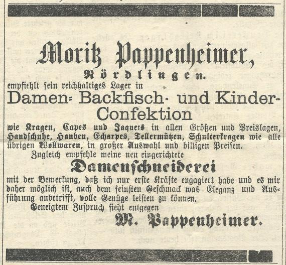 Advertisement in the Bopfinger Tagblatt of January 18, 1900 by Moritz Pappenheimer from Nördlingen