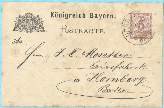 Postcard of a business nature from Eduard Höchstätter of Nördlingen, - mailed on January 17, 1887