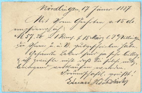 Postkarte - Eduard Höchstätter Postcard of business nature from Eduard Höchstätter of Nördlingen, - mailed January 17, 1887 - back of card