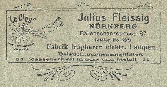 Geschäfts-Briefumschlag von Julius Fleissig,Fabrik tragbarer elektrischer Lampen,Beleuchtungsspezialitäten,Massenartikel in Glas und Metall, Nürnberg,Bärenschanzstraße 37, - versandt am 4. April 1911 - Ausschnittvergrößerung Firmenlogo